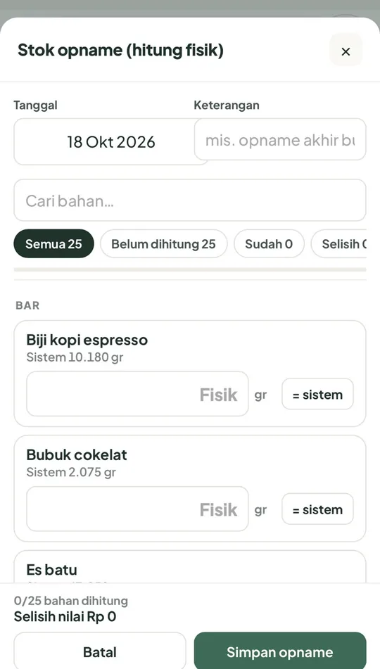 Resep, HPP, stok bahan & laporan keuangan di HP